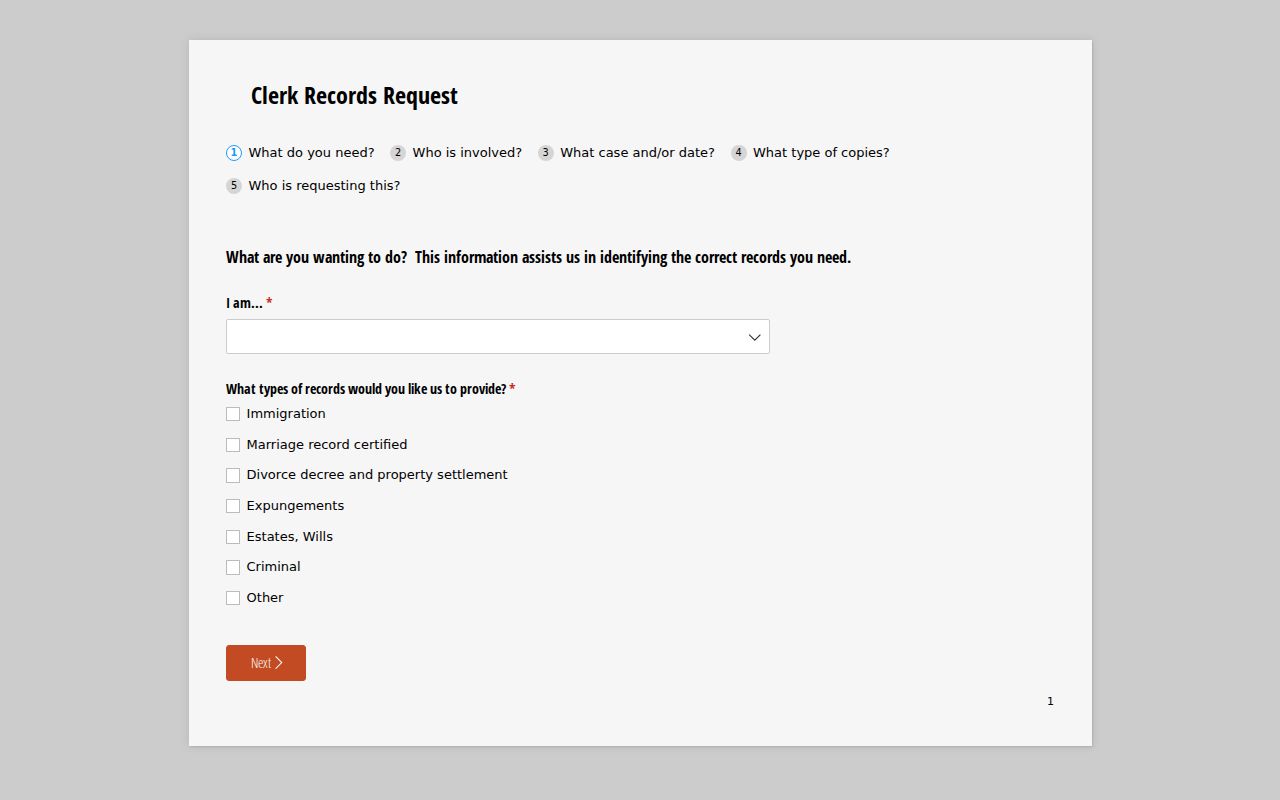 Hamilton County Clerk record request page for Fishers court records