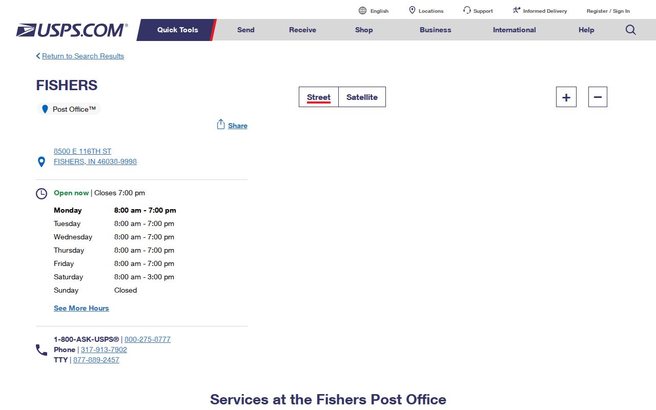 USPS Fishers Post Office details used to verify postal street context
