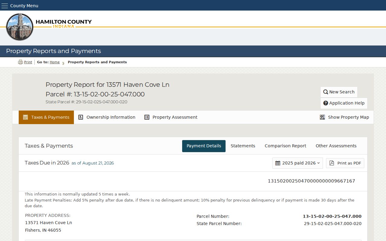 Sample Hamilton County Property Reports parcel page for a Fishers street search